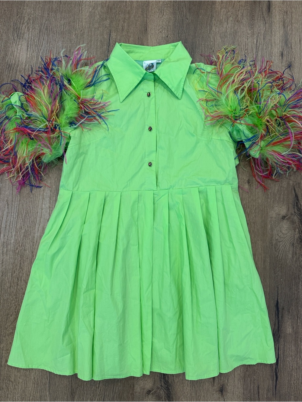 QUEEN OF SPARKLES Neon Lime Mini Dress with Multicolor Feather Sleeves